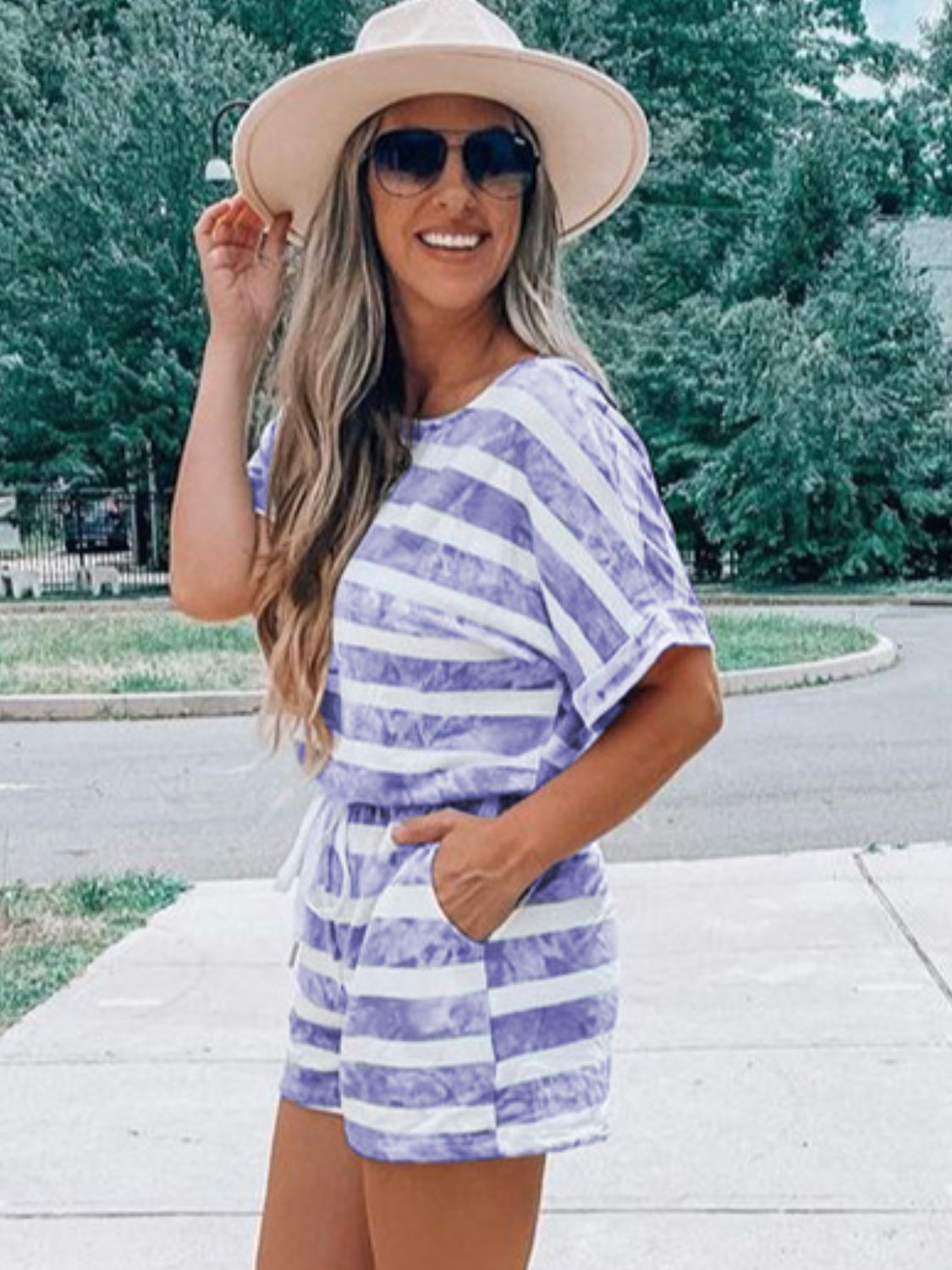 Striped Round Neck Top and Shorts Set