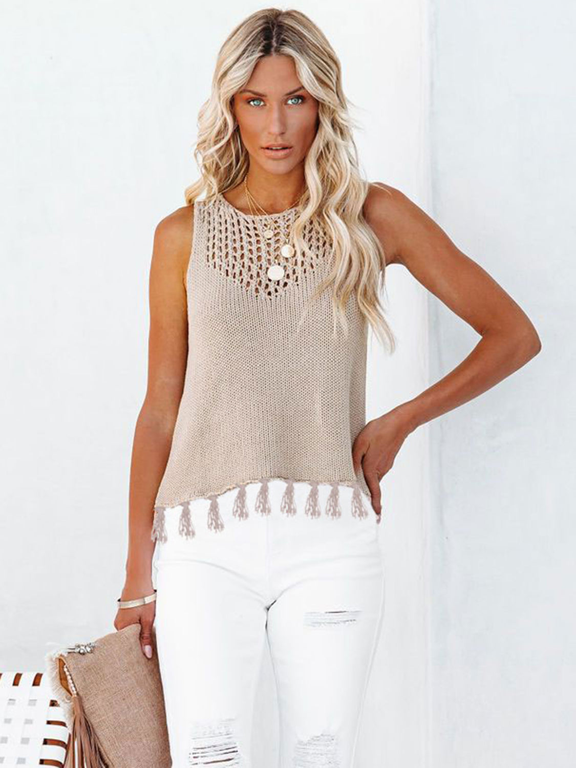 Cutout Tassel Round Neck Tank