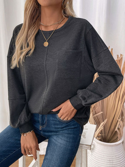 Perfee Pocketed Round Neck Long Sleeve Sweatshirt