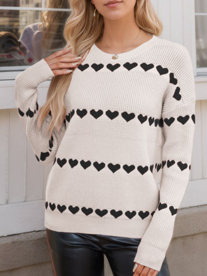 Heart Round Neck Long Sleeve Sweater