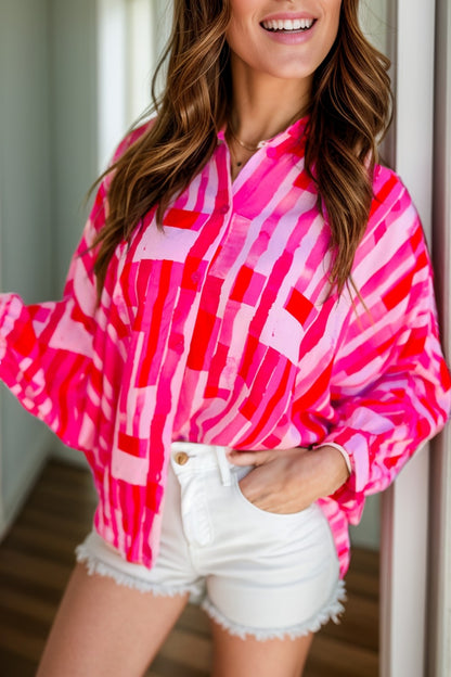 Color Block Collared Neck Long Sleeve Shirt