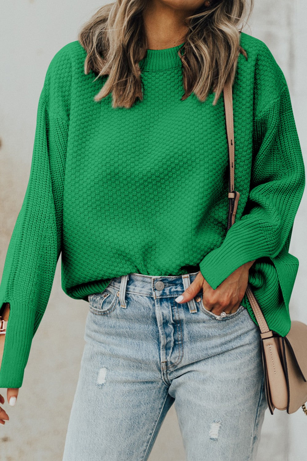 Textured Round Neck Long Sleeve Sweater