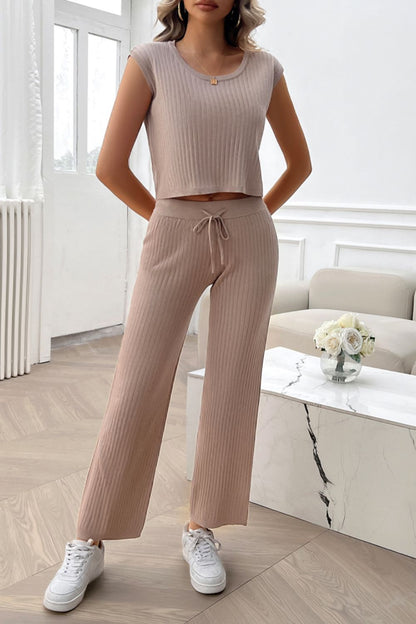 Ribbed Round Neck Top and Pants Set