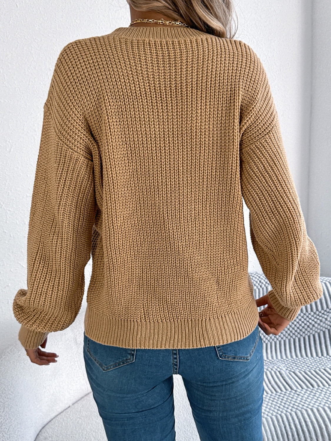 Openwork Round Neck Long Sleeve Sweater