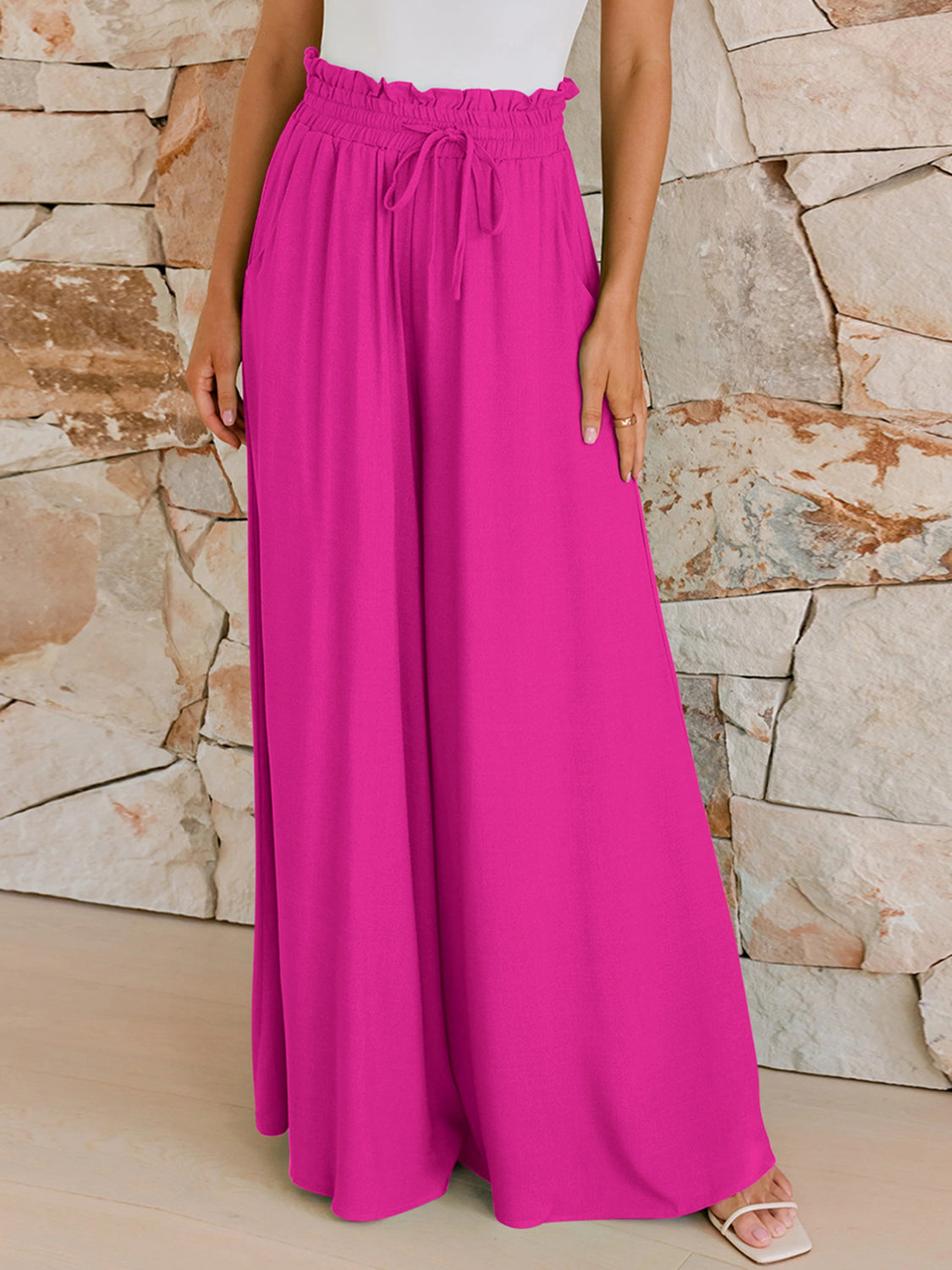 Drawstring Wide Leg Pants with Pockets