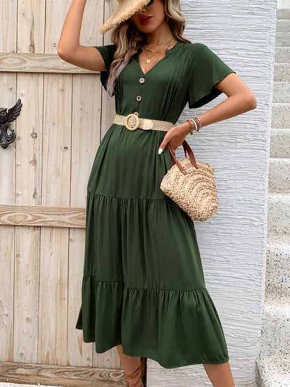 Tiered Notched Short Sleeve Midi Dress