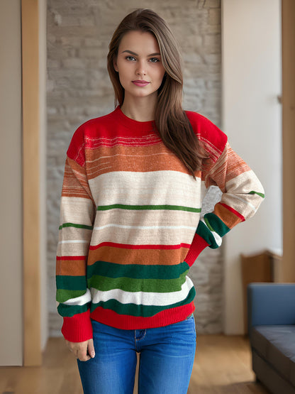 Contrast Striped Round Neck Long Sleeve Sweater