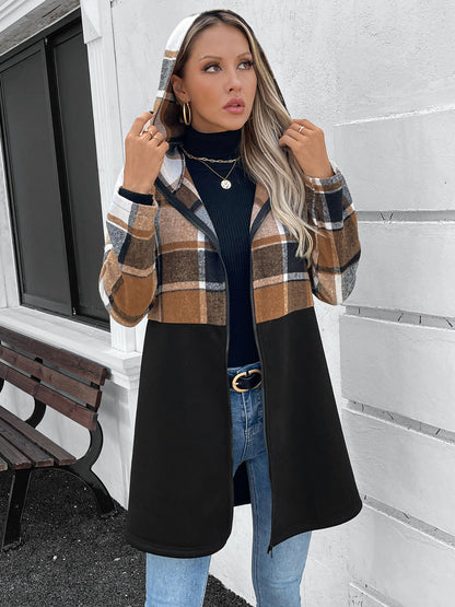 Plaid Zip Up Long Sleeve Hooded Outerwear