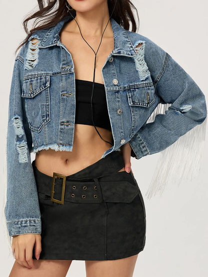 Distressed Fringe Collared Neck Cropped Denim Top