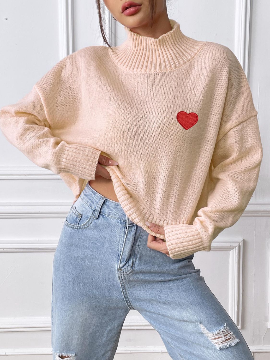 Heart Turtleneck Long Sleeve Sweater