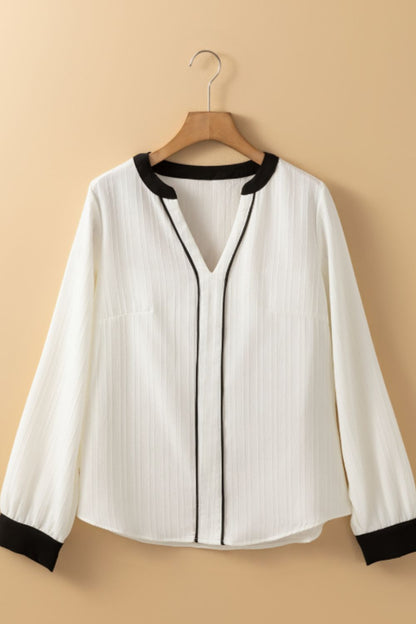 Contrast Notched Long Sleeve Blouse