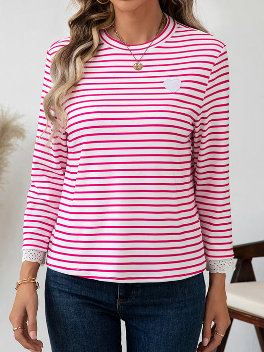 Heart Striped Round Neck Long Sleeve T-Shirt