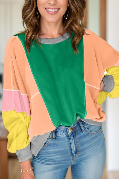 Color Block Round Neck Long Sleeve Top