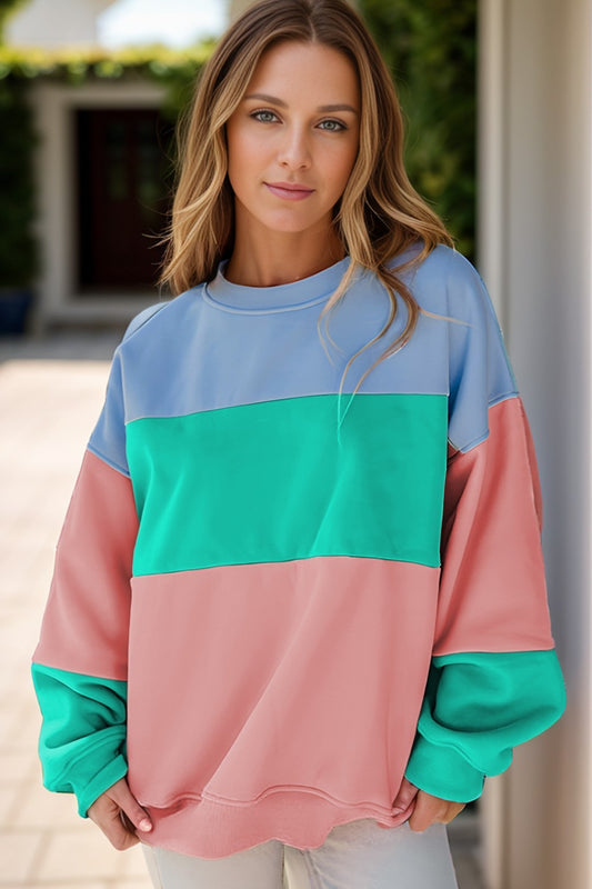 Color Block Round Neck Long Sleeve Sweatshirt