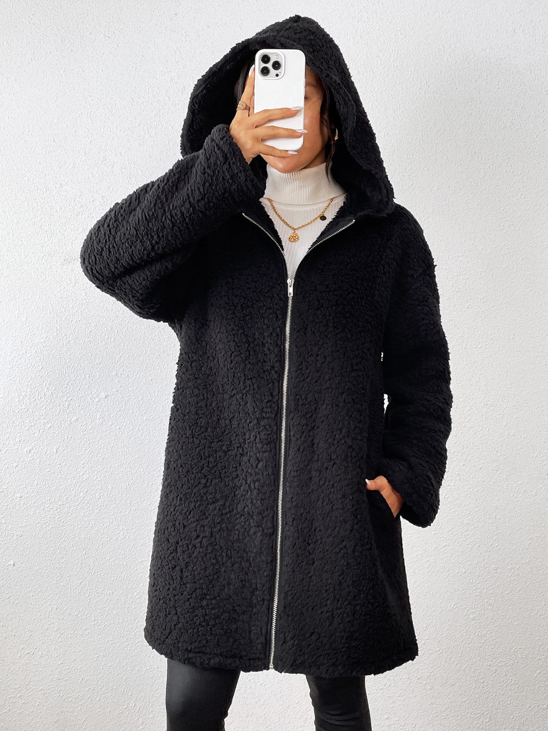 Zip Up Long Sleeve Sherpa Hooded Coat