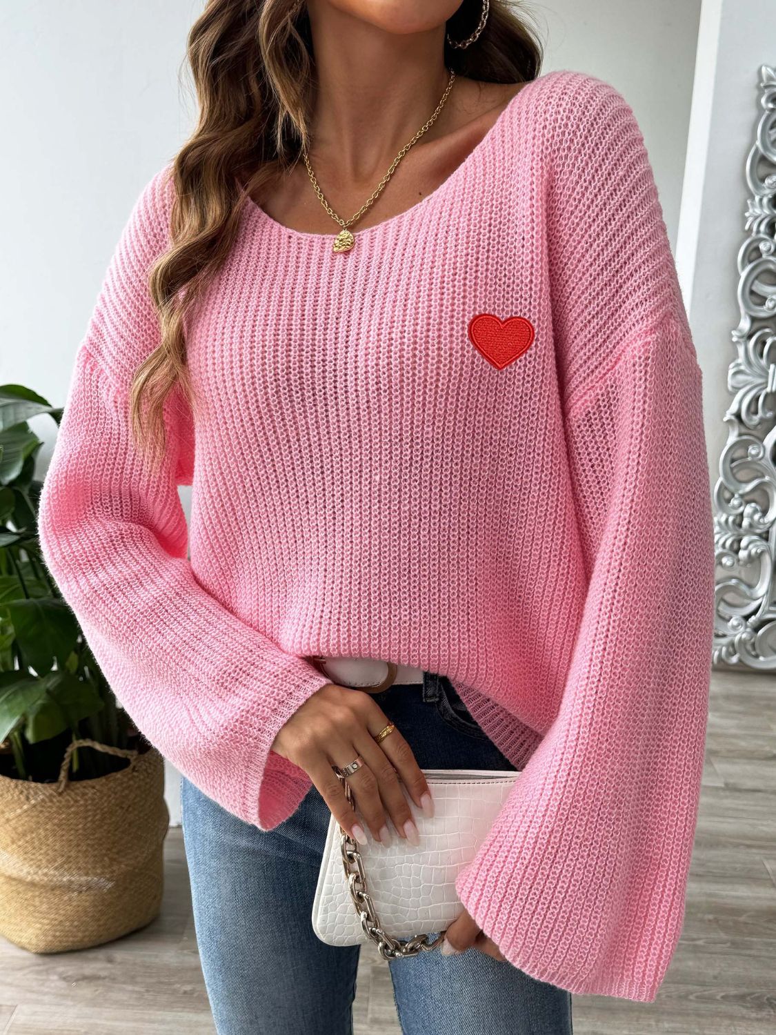 Heart Boat Neck Dropped Shoulder Sweater