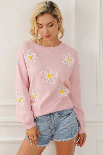 Flower Round Neck Dropped Shoulder Sweater