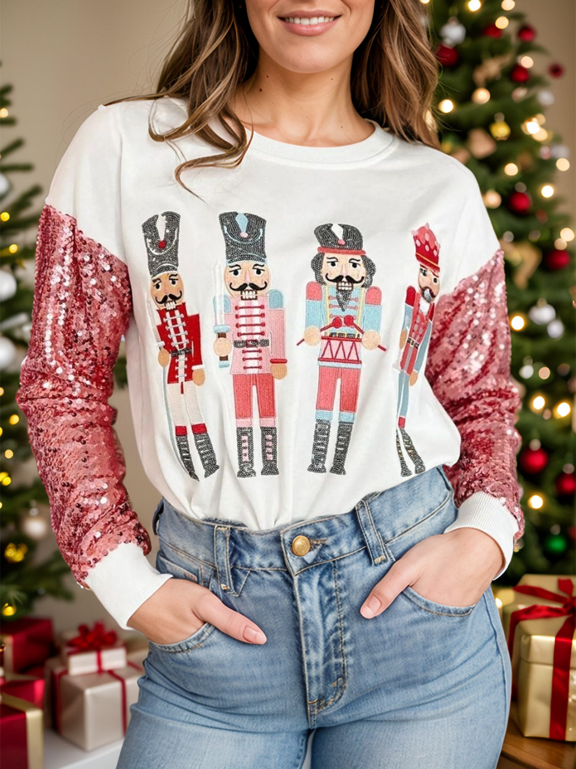 Sequin Nutcracker Round Neck Long Sleeve Sweatshirt