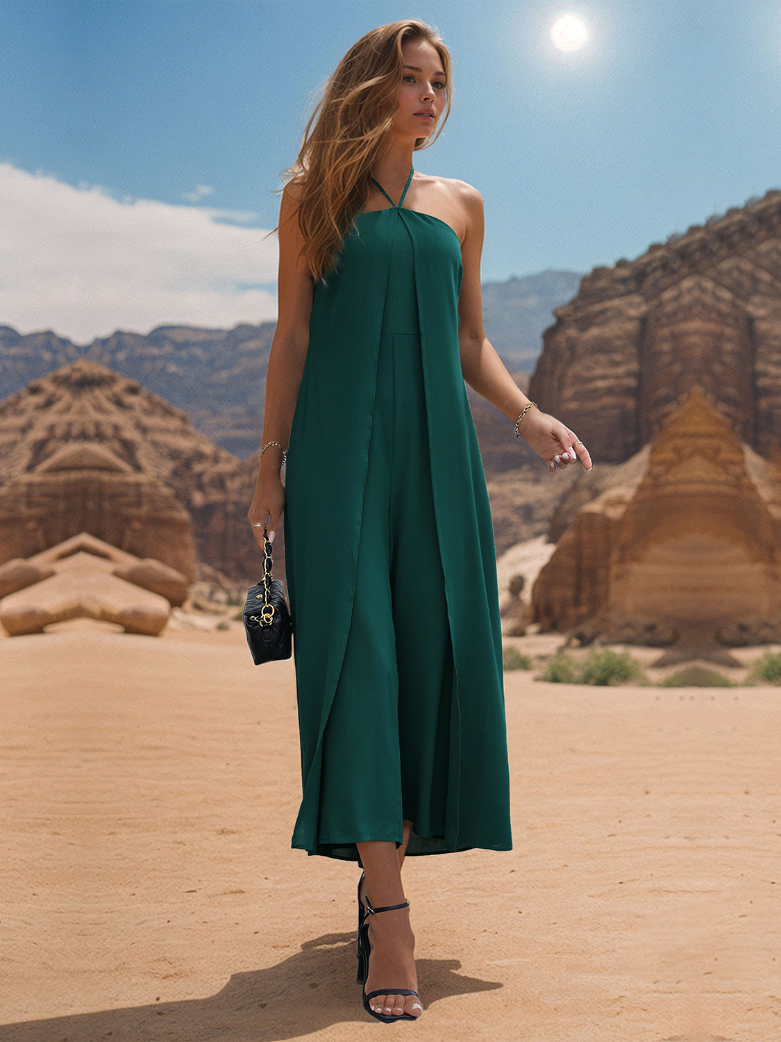 Layered Halter Neck Wide Leg Jumpsuit