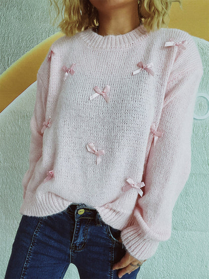 Bow Trim Round Neck Long Sleeve Sweater