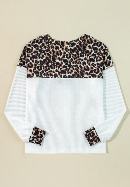 Waffle-Knit Leopard V-Neck Long Sleeve Blouse