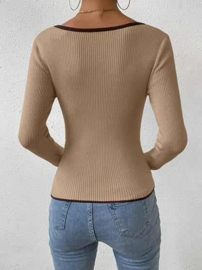 Contrast Trim Long Sleeve Knit Top