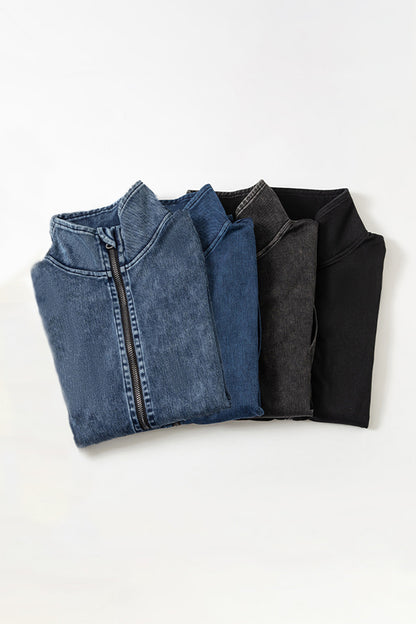 Basic Bae Pocketed Turtleneck Zip Up Denim Top