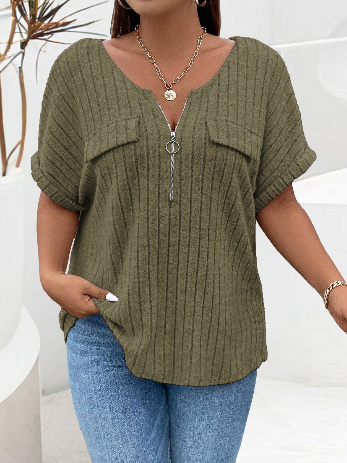 Plus Size Half Zip Short Sleeve T-Shirt