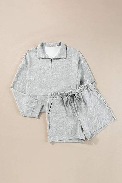 Half Zip Long Sleeve Top and Drawstring Shorts Set