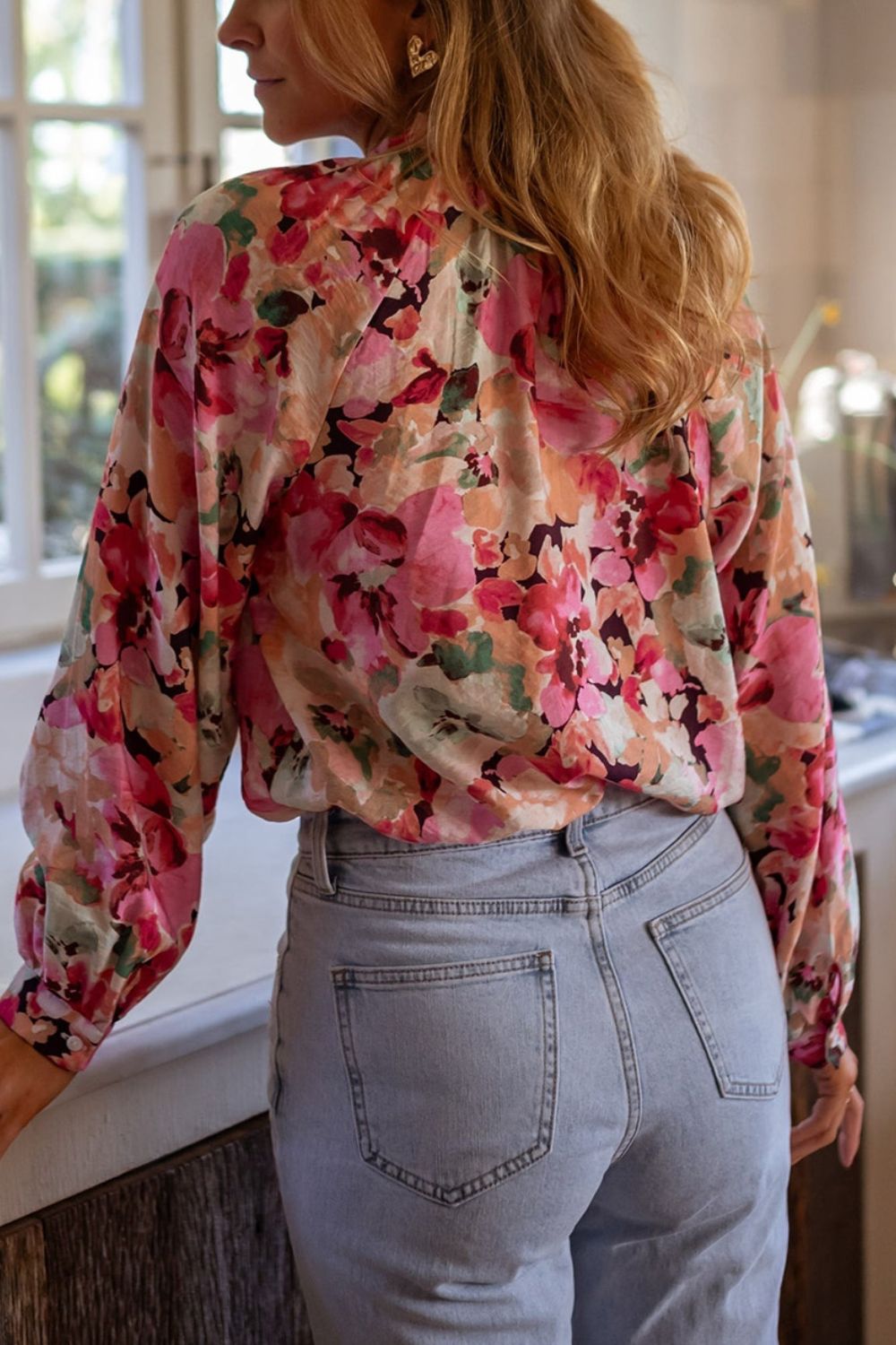 Frill Floral Button Down Long Sleeve Shirt