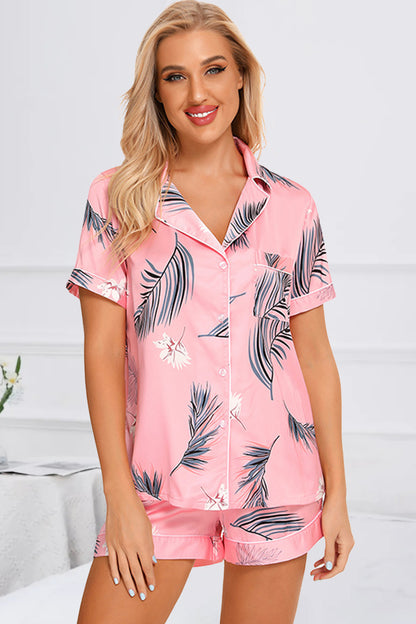 Printed Button Up Short Sleeve Top and Shorts Lounge Set