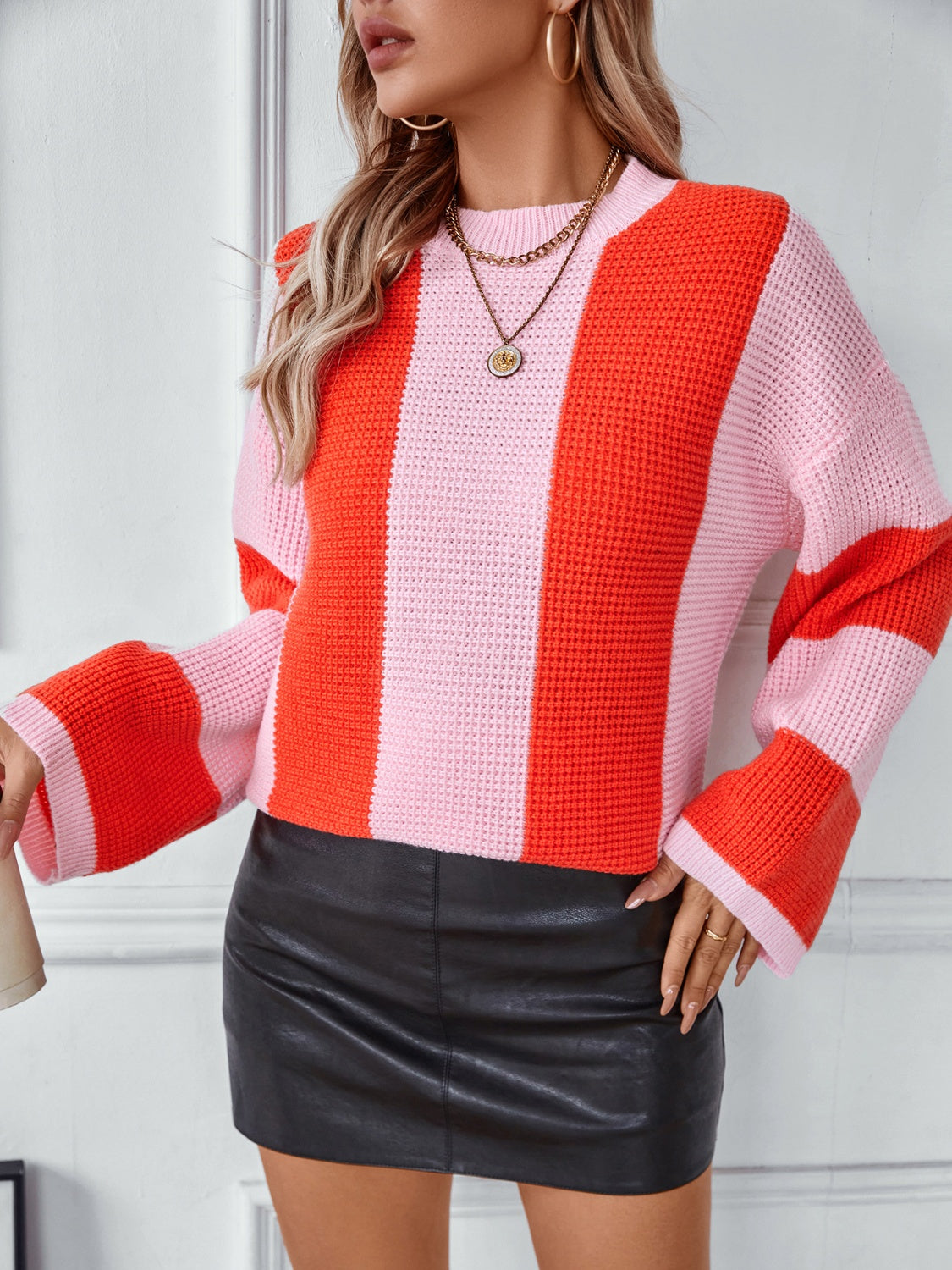 Color Block Round Neck Long Sleeve Sweater