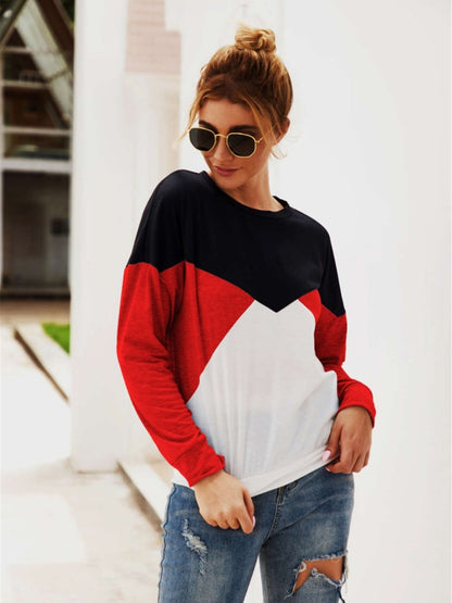 Color Block Round Neck Long Sleeve Top