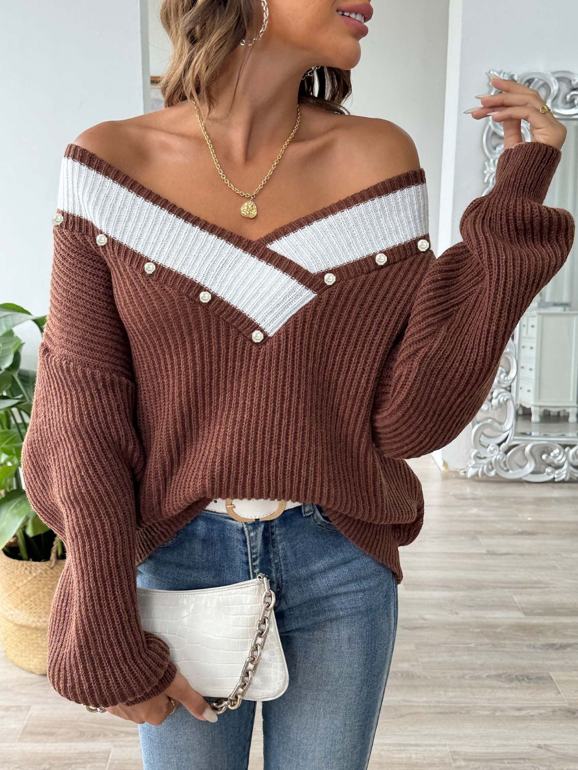 Contrast Trim Dropped Shoulder Long Sleeve Sweater