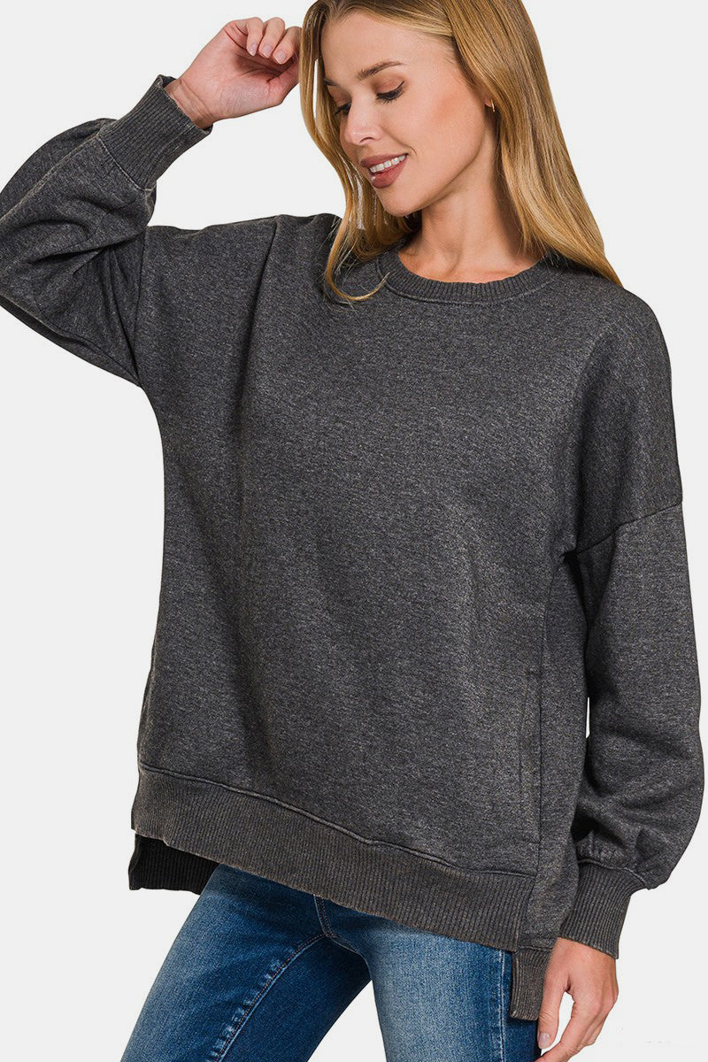 Zenana High-Low Acid Wash Fleece Sweatshirt