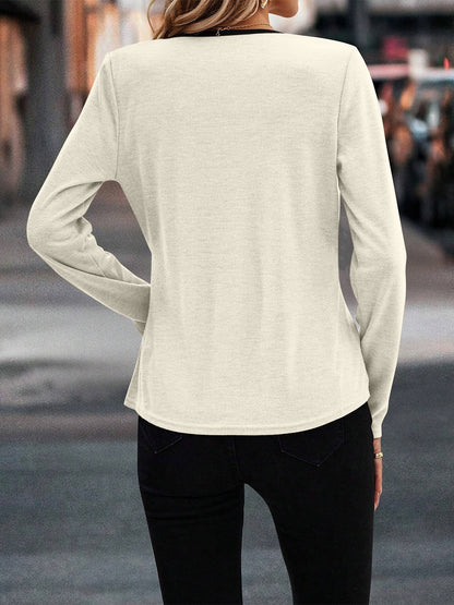 Full Size Crisscross Contrast Trim Long Sleeve T-Shirt