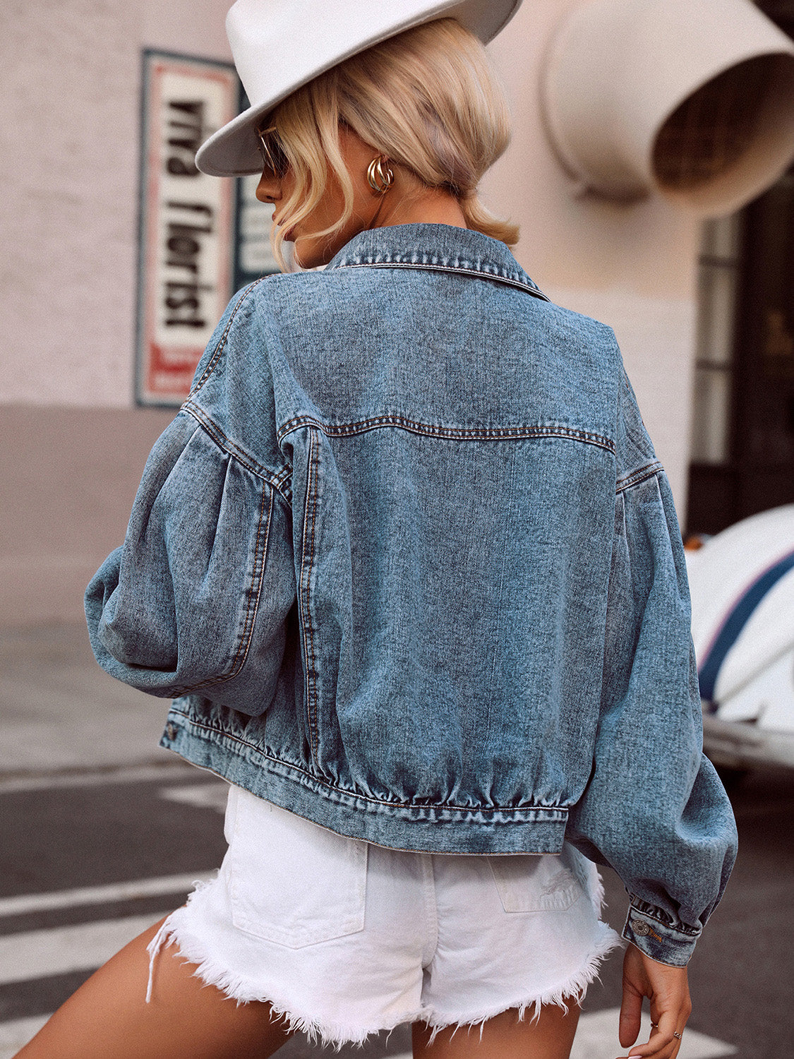 Collared Neck Dropped Shoulder Denim Top