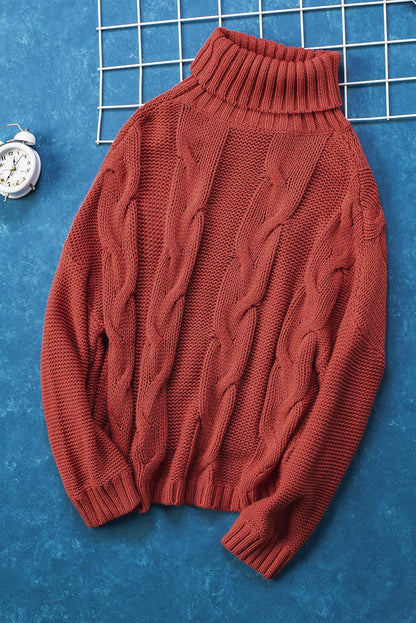 Cable-Knit Turtleneck Dropped Shoulder Sweater