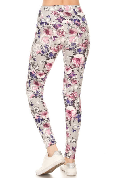 5-inch Long Yoga Style Banded Lined Floral Printed Knit Legging With High Waist