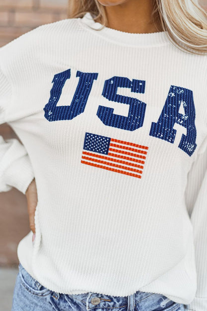 US Flag Corded Long Sleeve Sweatshirt