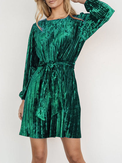 Velvet Round Neck Tie Waist Long Sleeve Mini Dress