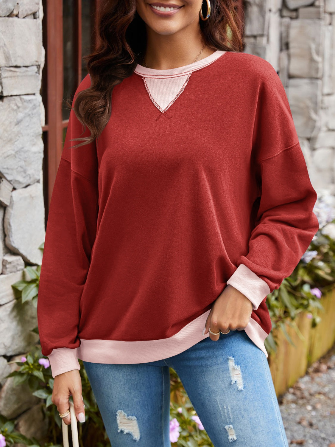 Contrast Round Neck Long Sleeve Sweatshirt