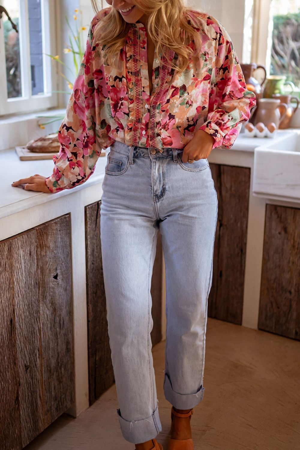 Frill Floral Button Down Long Sleeve Shirt