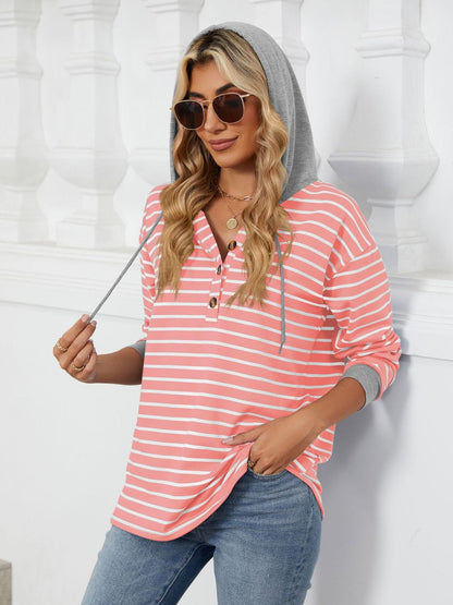 Drawstring Striped Long Sleeve Hoodie