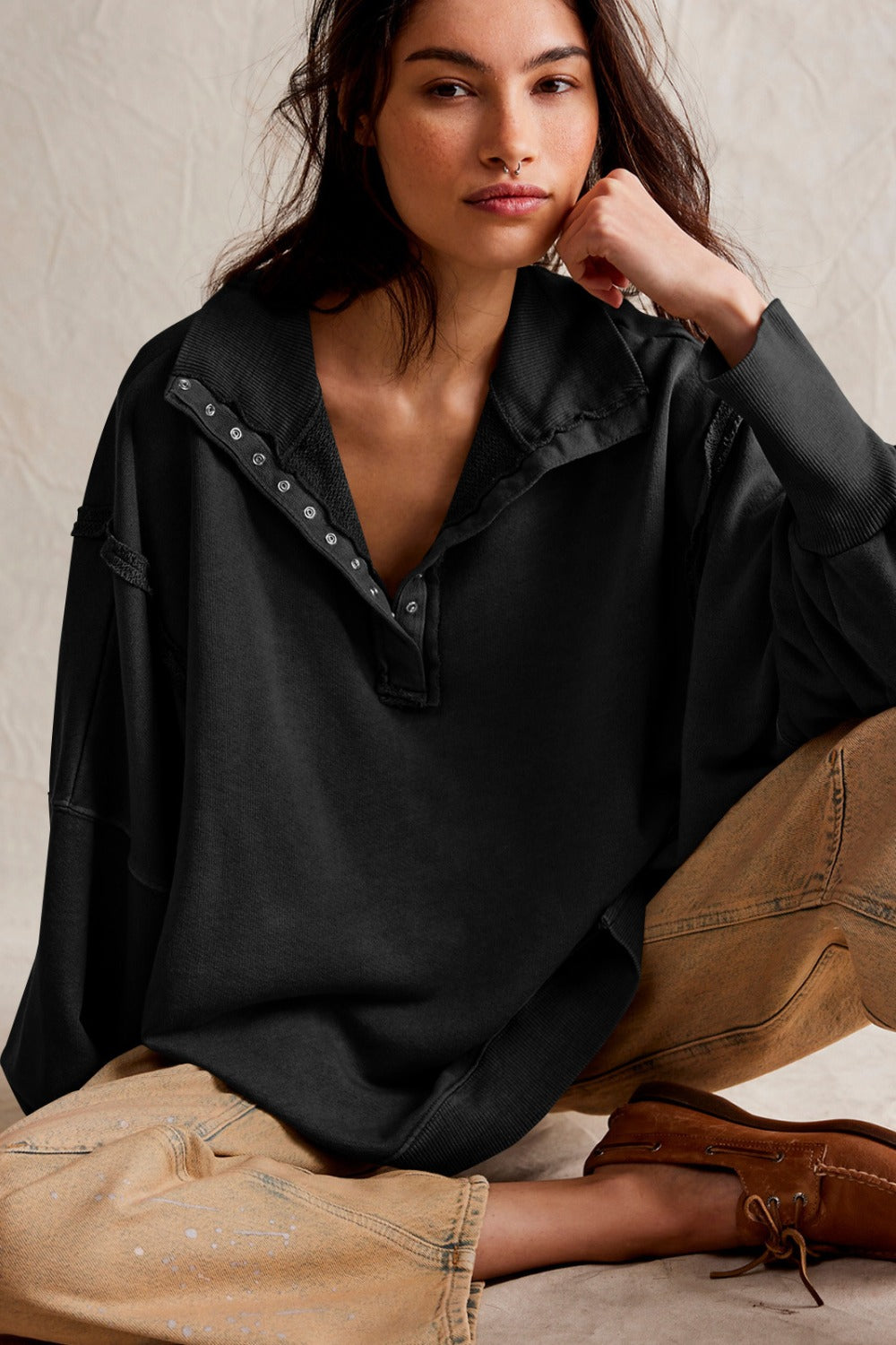 Exposed Seam Side Slit Long Sleeve Sweatshirt