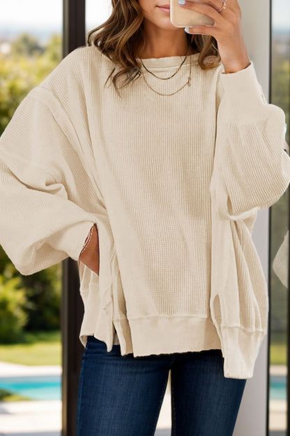 Slit Waffle-Knit Round Neck Long Sleeve Top