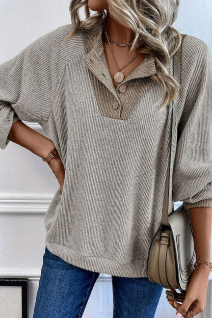 Contrast Quarter Button Round Neck Long Sleeve Top