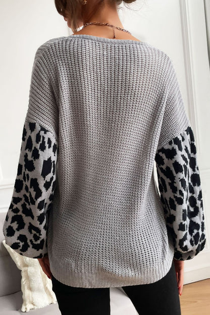 Perfee Leopard Sleeve Dropped Shoulder Sweater