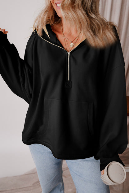 Pocketed Half Zip Dropped Shoulder Hoodie