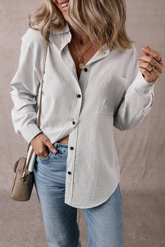 Pocketed Striped Collared Neck Long Sleeve Shirt